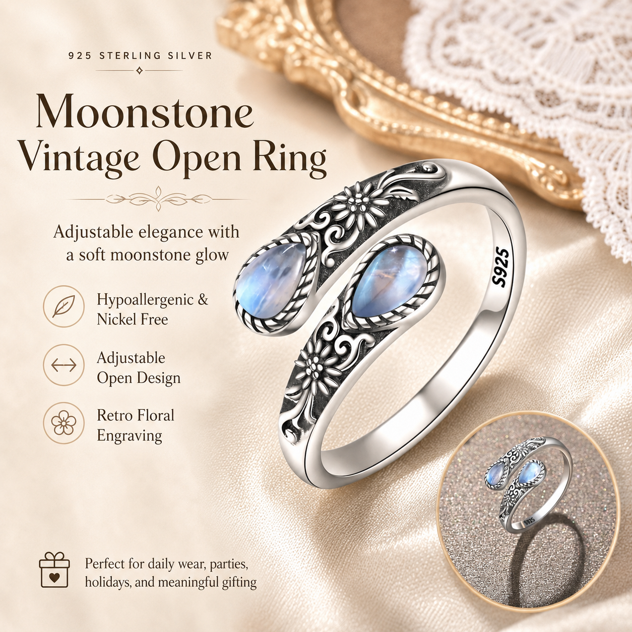 💥 BUT 2 GET 10% 💥 Moonstone Bloom Ring | Vintage Style • Adjustable Fit • Timeless Elegance