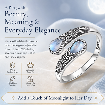 💥 BUT 2 GET 10% 💥 Moonstone Bloom Ring | Vintage Style • Adjustable Fit • Timeless Elegance