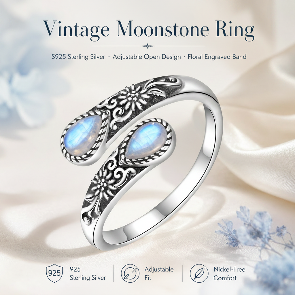 💥 BUT 2 GET 10% 💥 Moonstone Bloom Ring | Vintage Style • Adjustable Fit • Timeless Elegance
