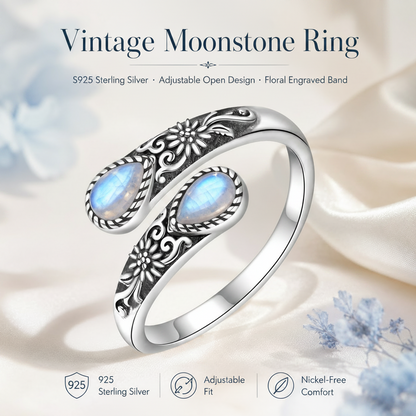💥 BUT 2 GET 10% 💥 Moonstone Bloom Ring | Vintage Style • Adjustable Fit • Timeless Elegance