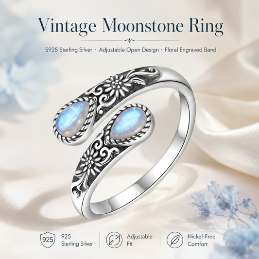 💥 BUT 2 GET 10% 💥 Moonstone Bloom Ring | Vintage Style • Adjustable Fit • Timeless Elegance