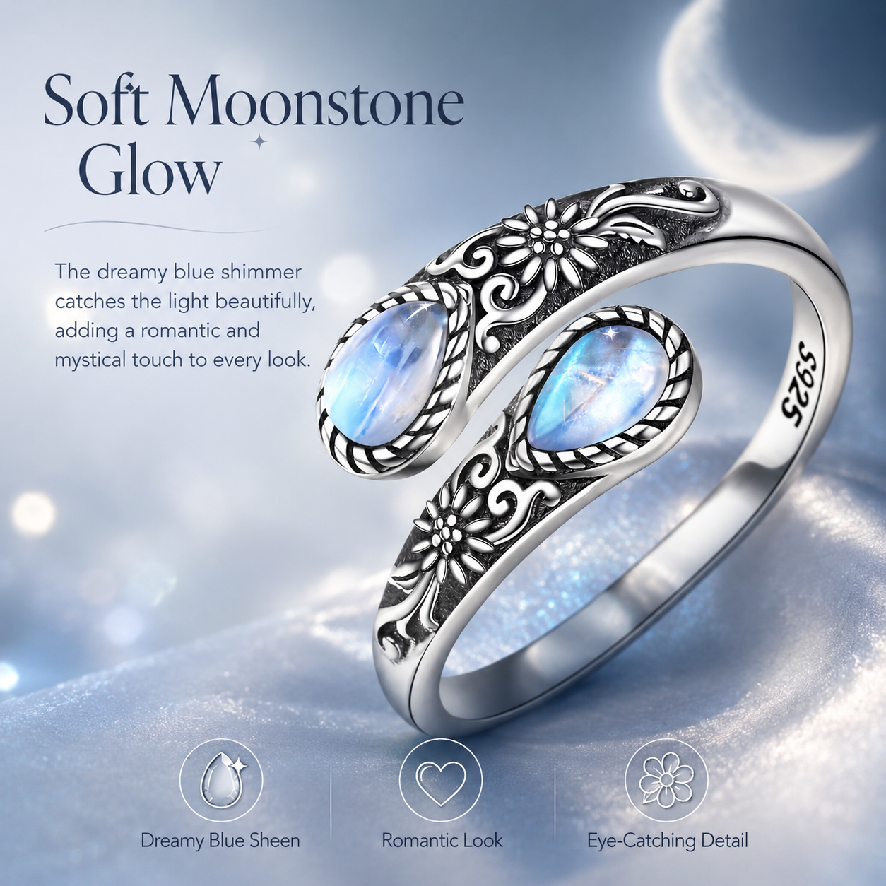 💥 BUT 2 GET 10% 💥 Moonstone Bloom Ring | Vintage Style • Adjustable Fit • Timeless Elegance