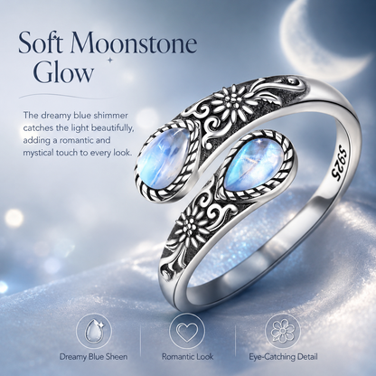 💥 BUT 2 GET 10% 💥 Moonstone Bloom Ring | Vintage Style • Adjustable Fit • Timeless Elegance