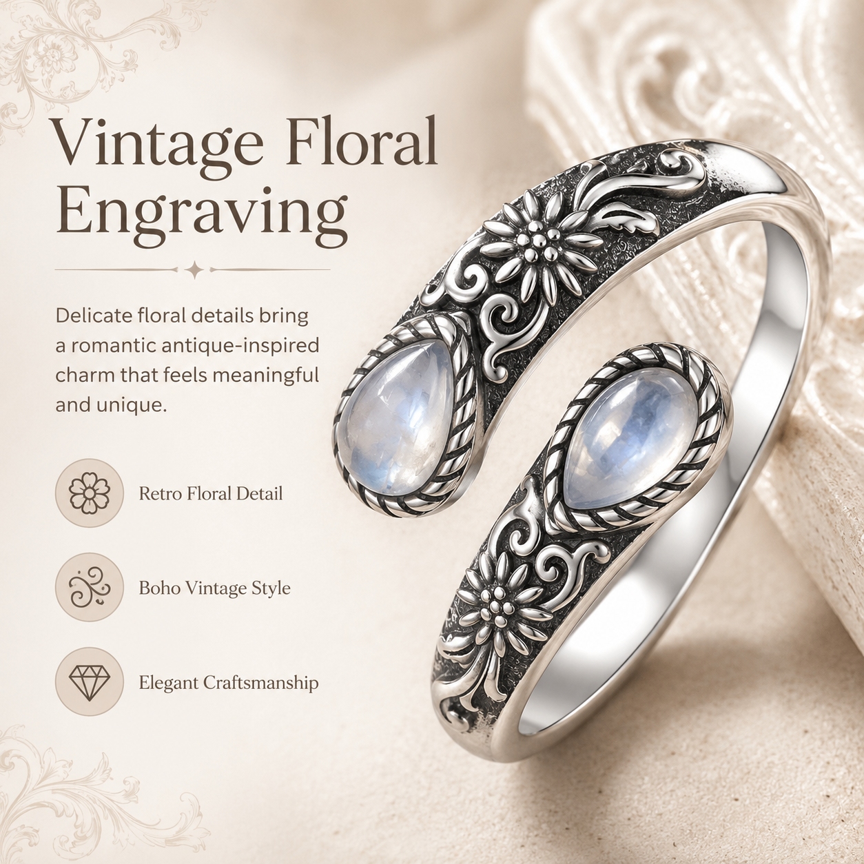 💥 BUT 2 GET 10% 💥 Moonstone Bloom Ring | Vintage Style • Adjustable Fit • Timeless Elegance