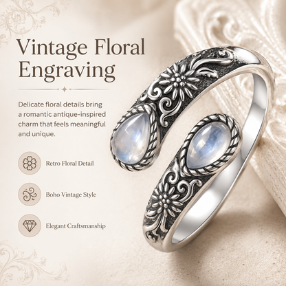 💥 BUT 2 GET 10% 💥 Moonstone Bloom Ring | Vintage Style • Adjustable Fit • Timeless Elegance