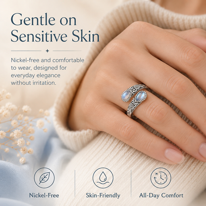 💥 BUT 2 GET 10% 💥 Moonstone Bloom Ring | Vintage Style • Adjustable Fit • Timeless Elegance