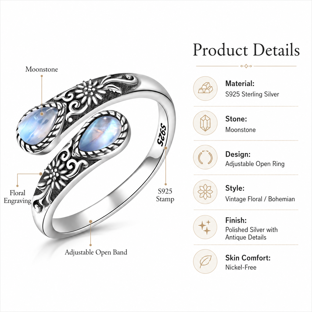 💥 BUT 2 GET 10% 💥 Moonstone Bloom Ring | Vintage Style • Adjustable Fit • Timeless Elegance