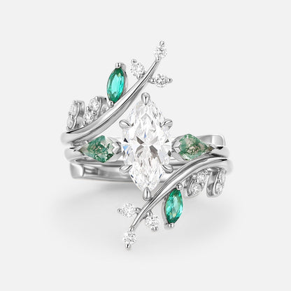 Unique Marquise Cut Lab Diamond Cage Leafy Engagement Ring Sets 2pcs - Knight