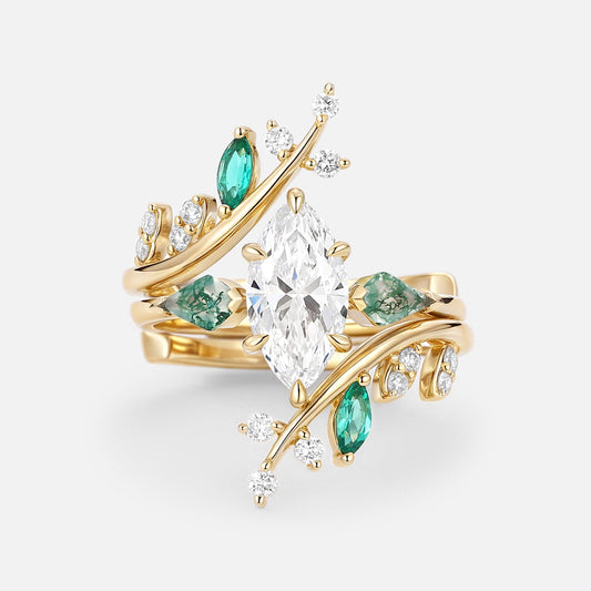 Unique Marquise Cut Lab Diamond Cage Leafy Engagement Ring Sets 2pcs - Knight