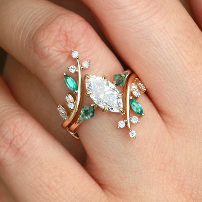 Unique Marquise Cut Lab Diamond Cage Leafy Engagement Ring Sets 2pcs - Knight
