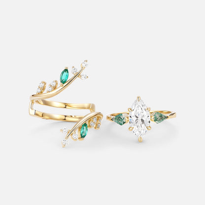 Unique Marquise Cut Lab Diamond Cage Leafy Engagement Ring Sets 2pcs - Knight